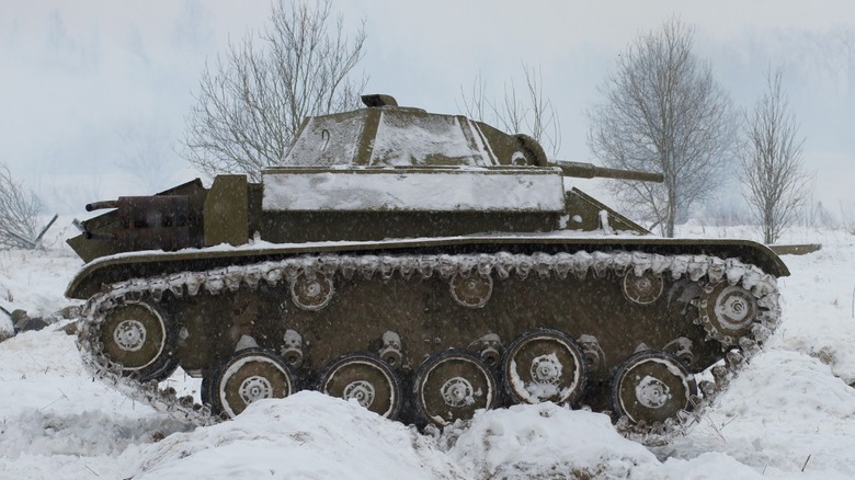 T-70 tank driving in snow