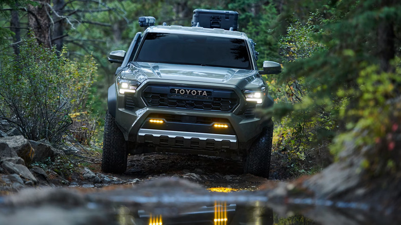 Moss green Toyota Tacoma driving into water.