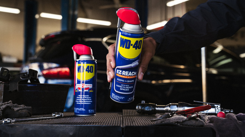 Cans of WD-40 in car garage