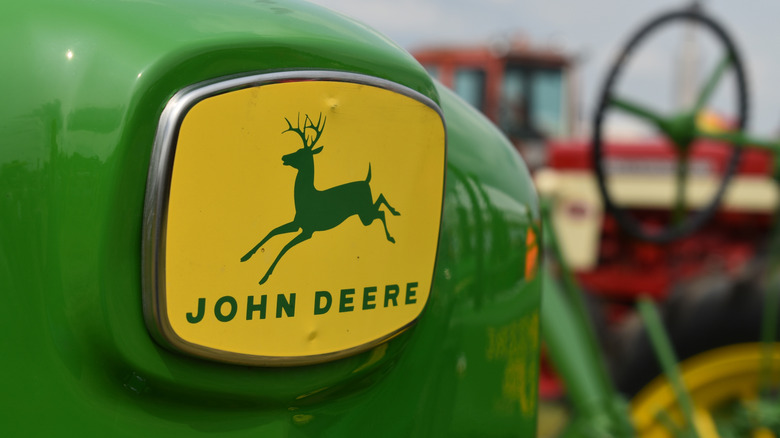 John Deere logo on a vehicle closeup