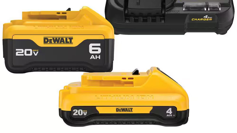 An 18V DeWalt battery on a charger