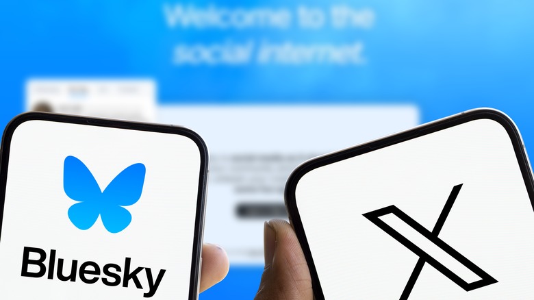 Bluesky and X logos on smartphones