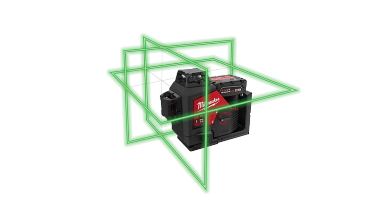 Laser beams projecting from the  M12 Green 360° 3-Plane Laser Kit