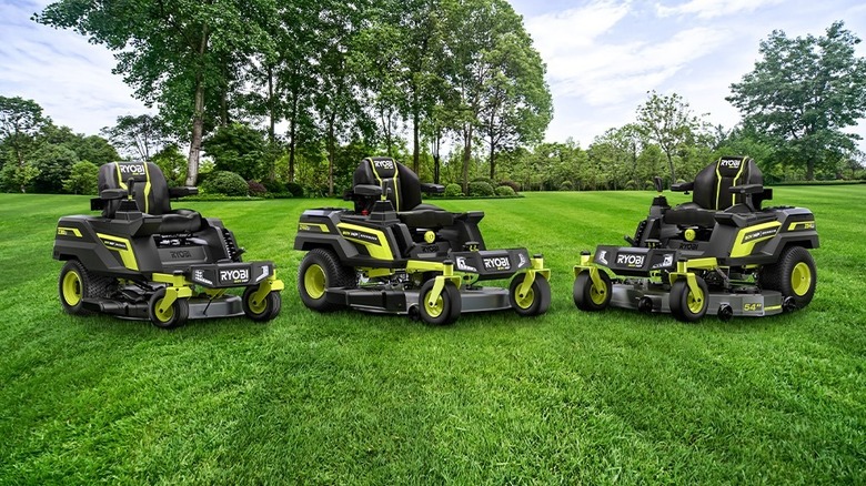 three Ryobi Lithium Electric Zero Turn Riding Mowers