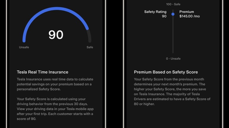 Screenshots of smartphones showing a Tesla Insurance premium breakdown