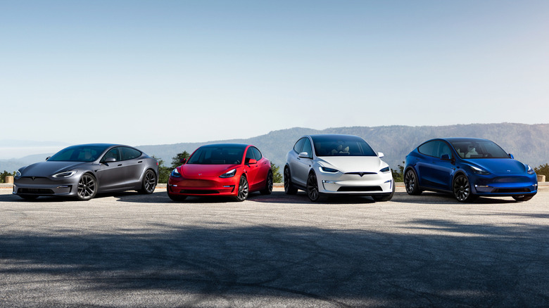 Four Tesla cars parked together