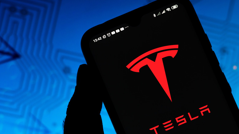 Tesla app with logo in the background 