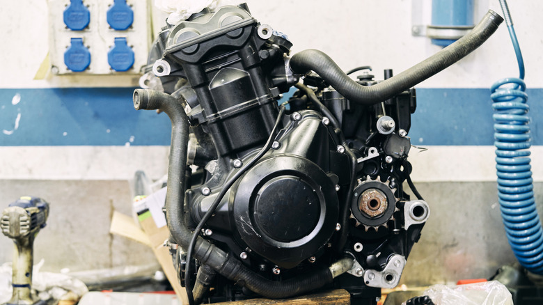 Motorcycle engine in shop