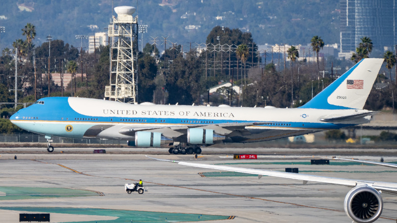 Air Force One on an airport runway.