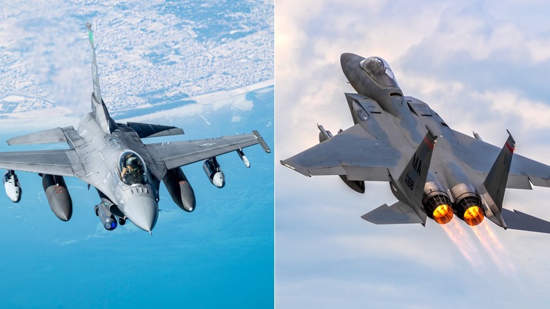 an F-16 and an F-15 fighter jet