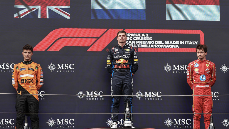 Norris Verstappen Leclerc on podium at Imola 2024