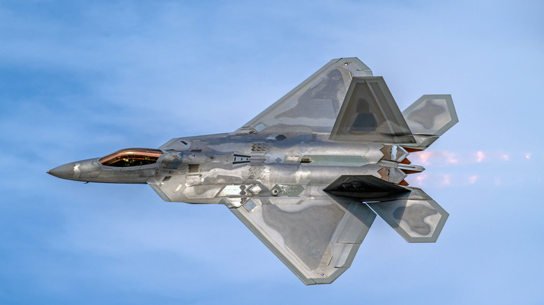 An F-22 with afterburners visible.