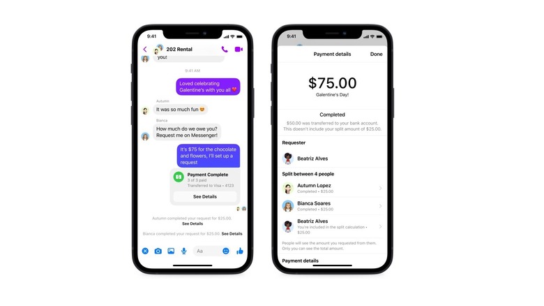 Screenshot showing the Facebook Messenger's Split Payments feature.