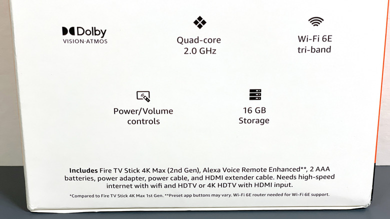 Fire TV Stick 4K Max (2nd Gen) features listed on the back of the box, including 16 GB of storage