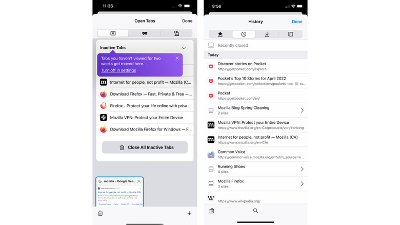 Clutter-free history and tabs view in Mozilla Firefox 100 for iOS