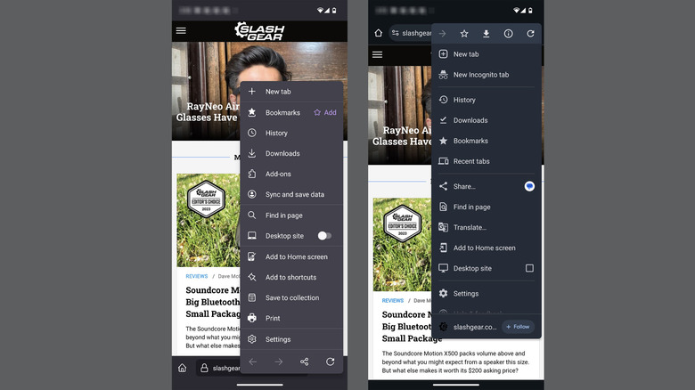 Firefox and Chrome mobile side-by-side