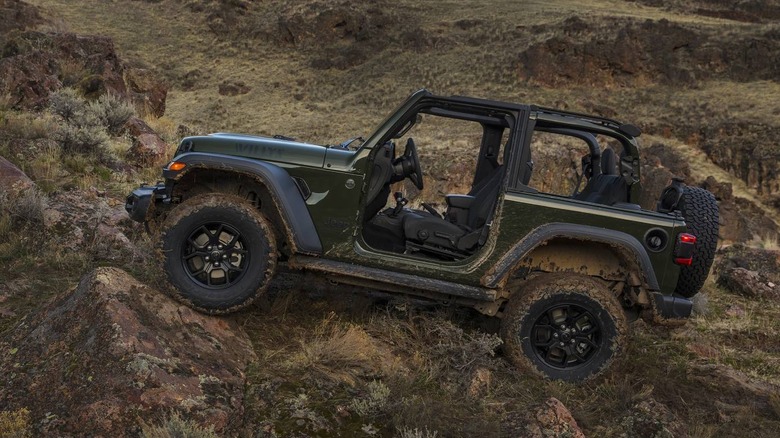 Side view of the two-door Jeep Wrangler