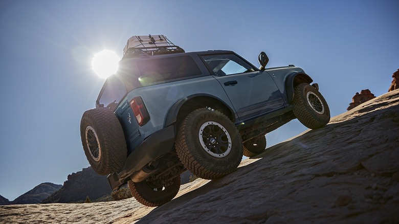 rear angle view of the two-door Ford Bronco with sasquatch package