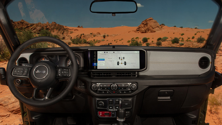 Interior of the Jeep Wrangler, showing the infotainment system