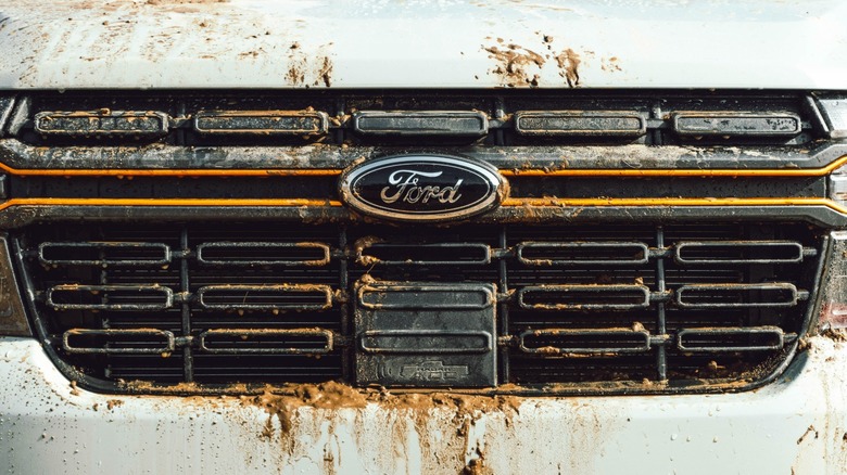 A muddy Ford Maverick Tremor grille.