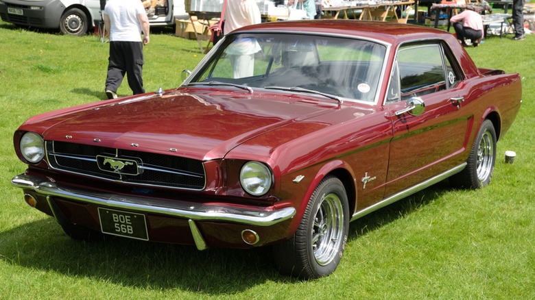 Dark red 1964 Ford Mustang parked on grass