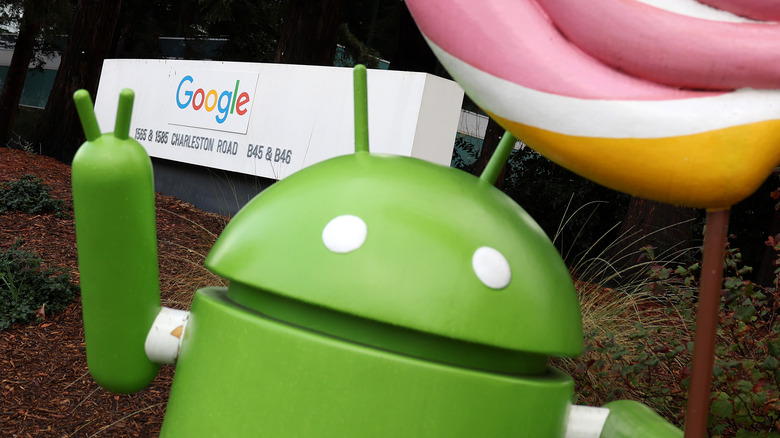 An Android character is displayed at Google headquarters