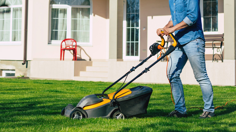 Man using lawn mower in large yard