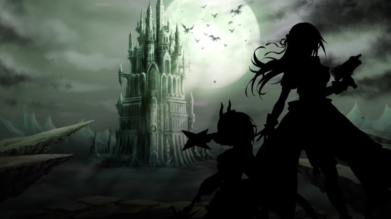 Shinobu and Maya silhouetted against the castle-school