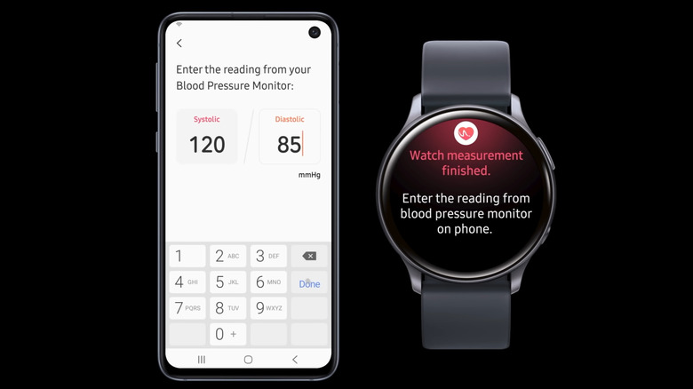 Samsung phone with blood pressure monitor reading next to Galaxy Watch