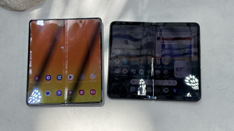 The Google Pixel Fold and the Galaxy Z Fold 5 side by side.