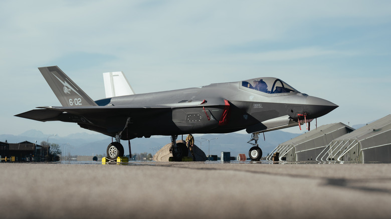 An F-35 Lightning fighter on the tarmac