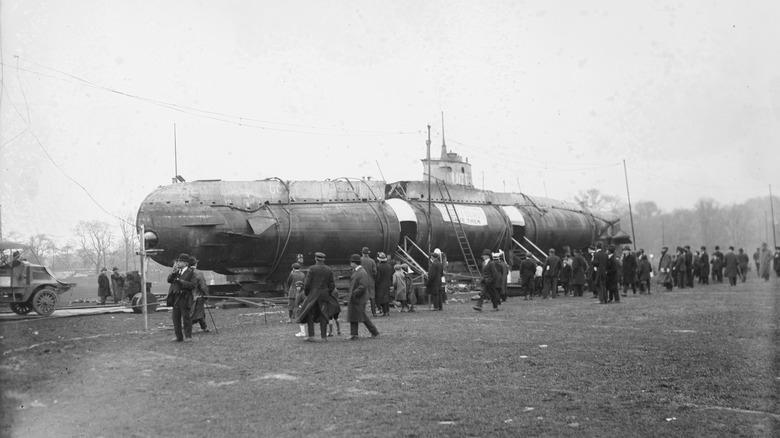 German SM UC-5 minelayer submarine (U-boat) captured by the Allies on display in New York City's Central Park on October 25, 1917.