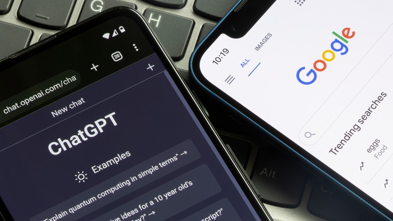 ChatGPT and Google search pages on smartphones.