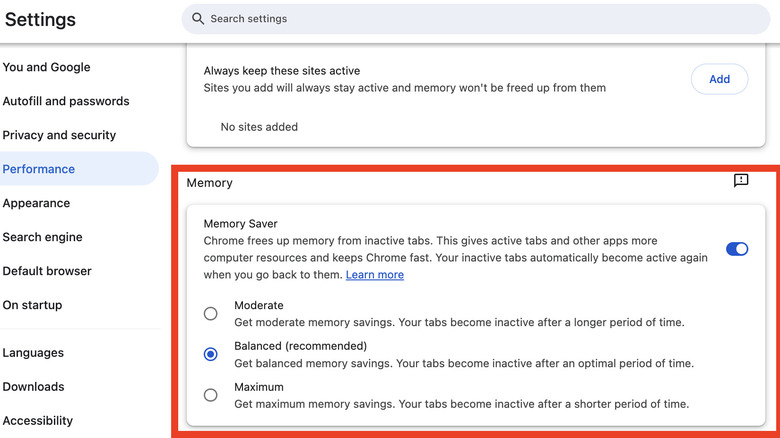 Memory Saver feature enabled in Google Chrome browser