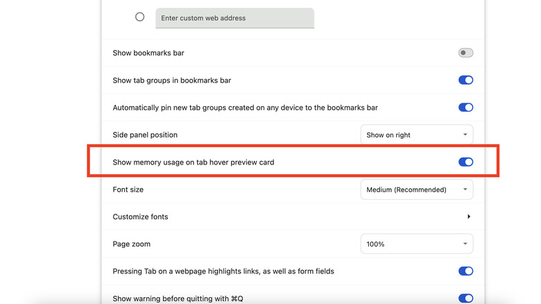 Enabling hover preview feature for checking memory status of tabs in Chrome browser