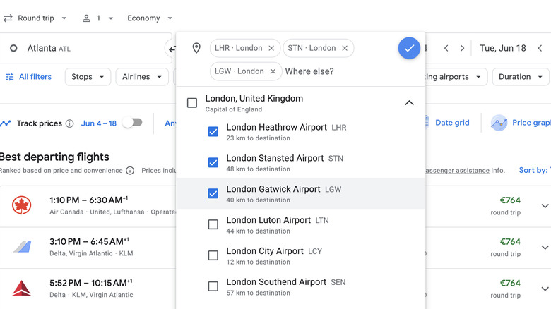 Googe Flights multi-airport search