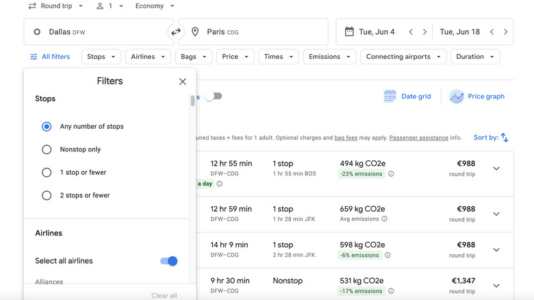 Google Flights results filter