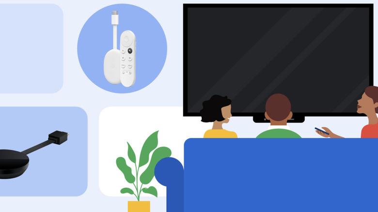 An illustration featuring Google's Chromecast devices and human figures