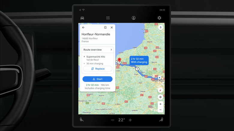 Google Maps EV route car screen