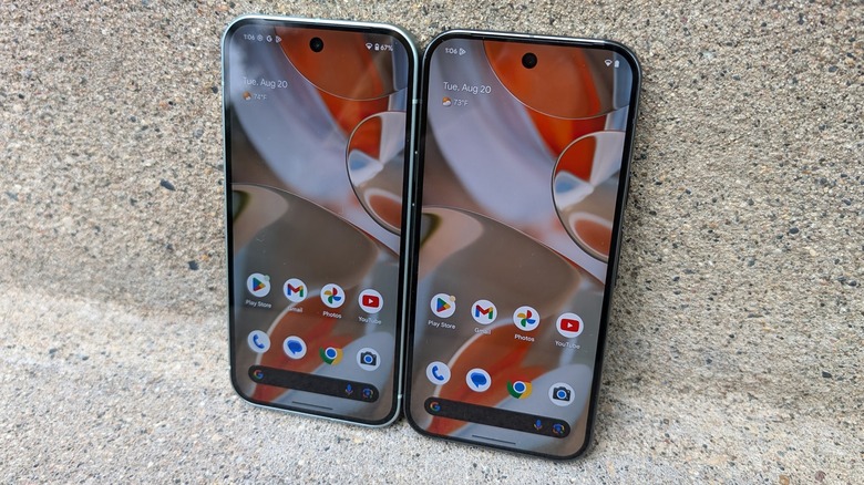 Pixel 9 next to Pixel 9 Pro.