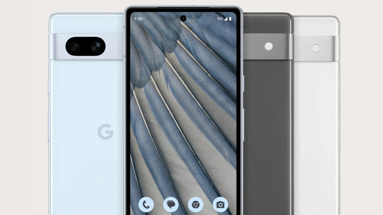 Google Pixel 7a as seen from the back (in multiple colors) and the front