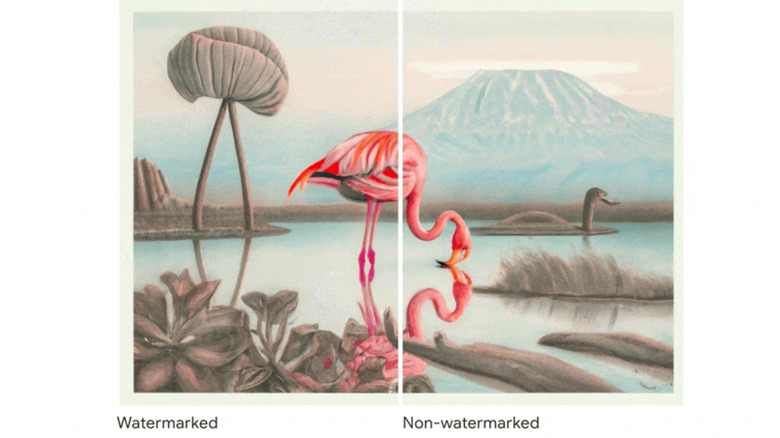 Image of a flamingo with half watermarked and the other half unchanged