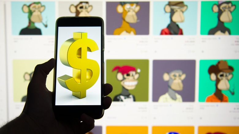 Dollar sign on smartphone over Bored Ape NFT collection