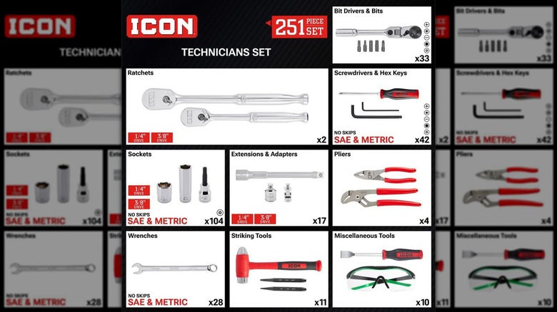 An itemized graphic of the 251-piece tool set contents