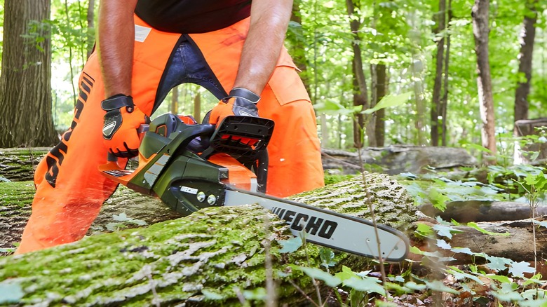 person using echo chainsaw