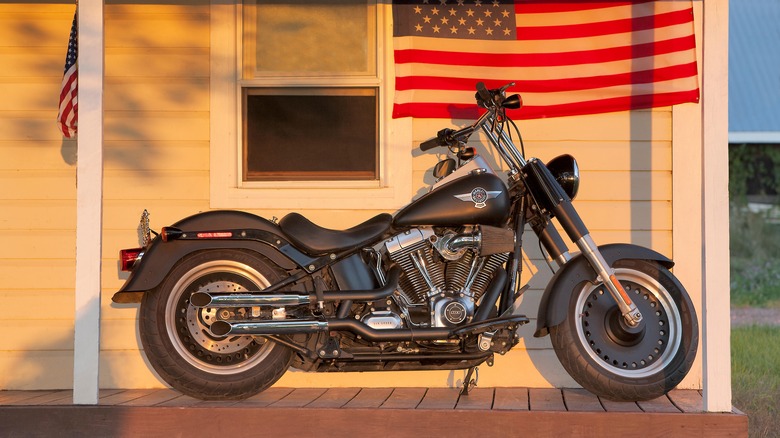 Harley-Davidson Fat Boy on front porch