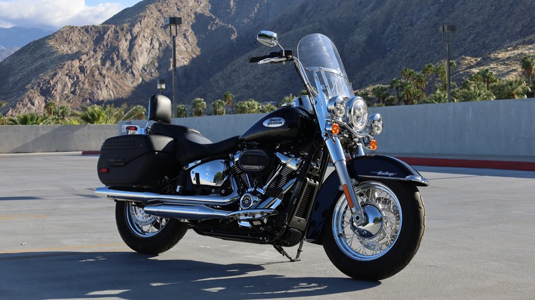 Harley Heritage Classic against mountain backdrop