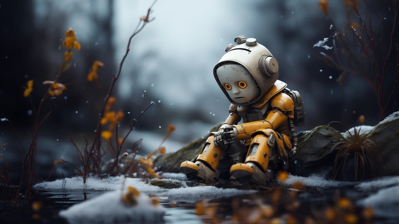 Sad robot in winter