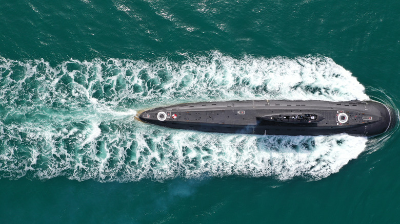 Surfaced diesel submarine top view