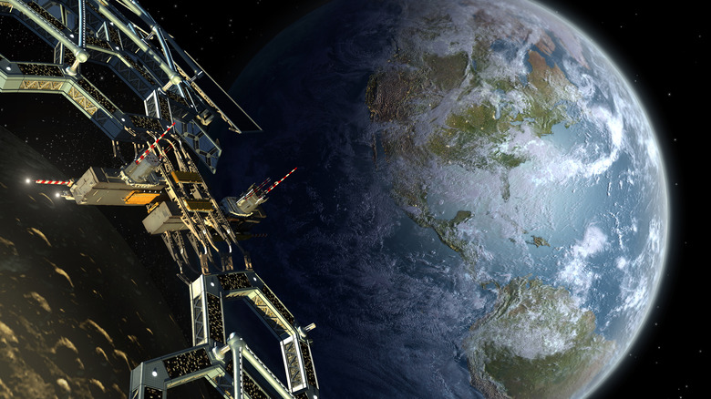 Concept of an asteroid mining station in orbit.